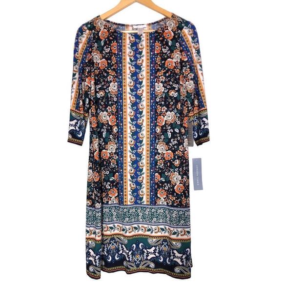 London Times Dress Floral Border Pattern 3/4 Sleeve Shift Mini Multicolor NWT 10 - Picture 4 of 11